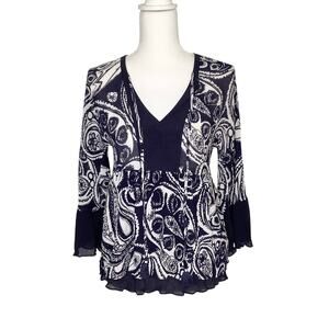 Trina Turk Ayden Navy & White Paisley Silk Blend 3/4 Sleeve V-Neck Top Size XS